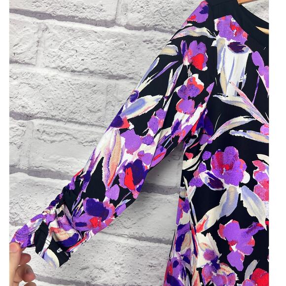 Susan Graver Womens M Artsy Abstract Floral Asymmetrical Hem Ruched Sleeve Tunic - Picture 5 of 11